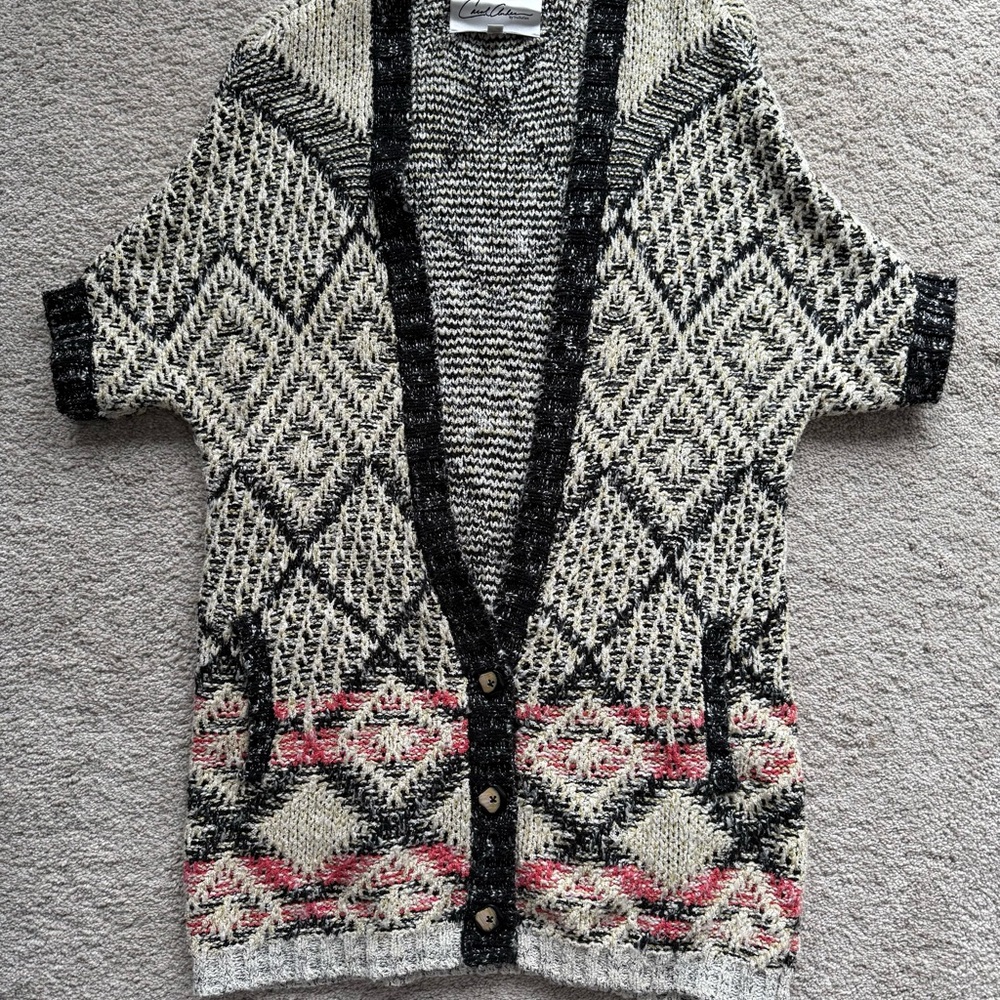 Carole Anderson Cabi Geometric Patterned Black and Cream Cardigan